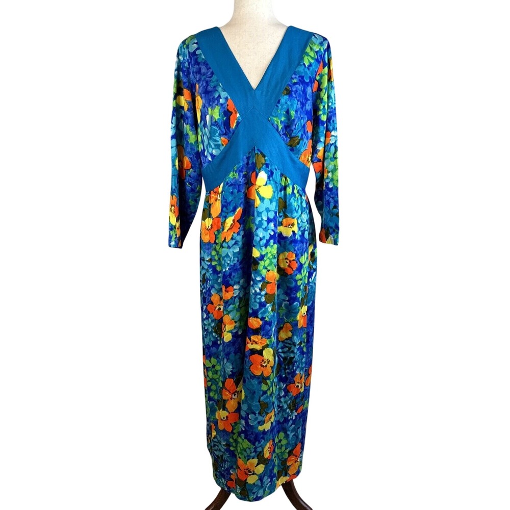 Vintage 1960 Kimos Polynesian Shop Maxi Hawaiian Dress Size‎ 16 Floral Barkcloth